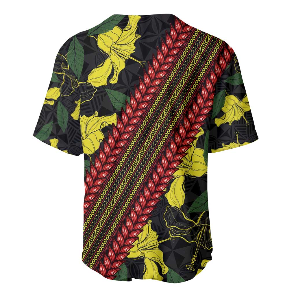 Samoan Culture Baseball Jersey Hibiscus and Ula Fala with Tapa Pattern Black Color LT03 - Polynesian Pride