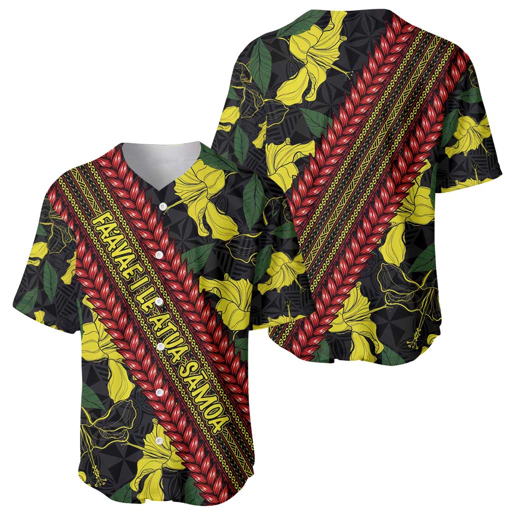 Samoan Culture Baseball Jersey Hibiscus and Ula Fala with Tapa Pattern Black Color LT03 - Polynesian Pride