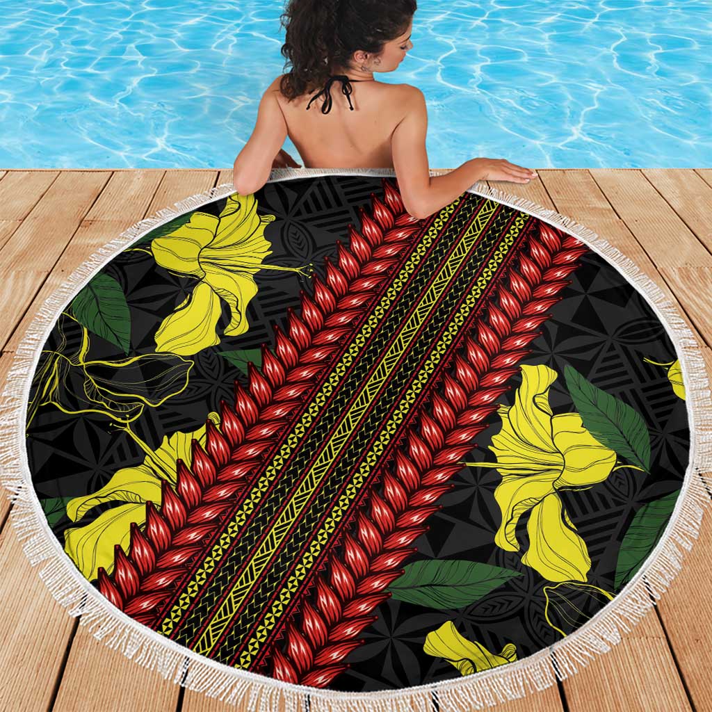Samoan Culture Beach Blanket Hibiscus and Ula Fala with Tapa Pattern Black Color