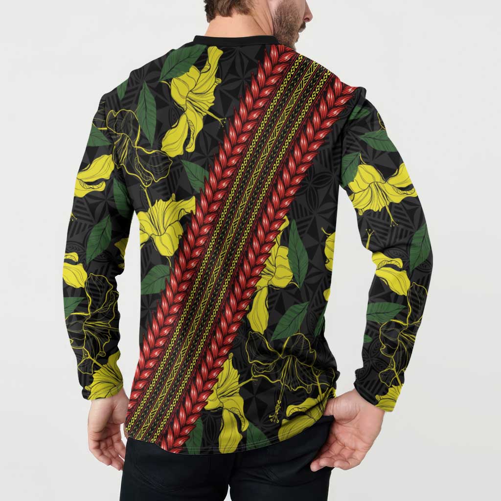 Samoan Culture Button Sweatshirt Hibiscus and Ula Fala with Tapa Pattern Black Color