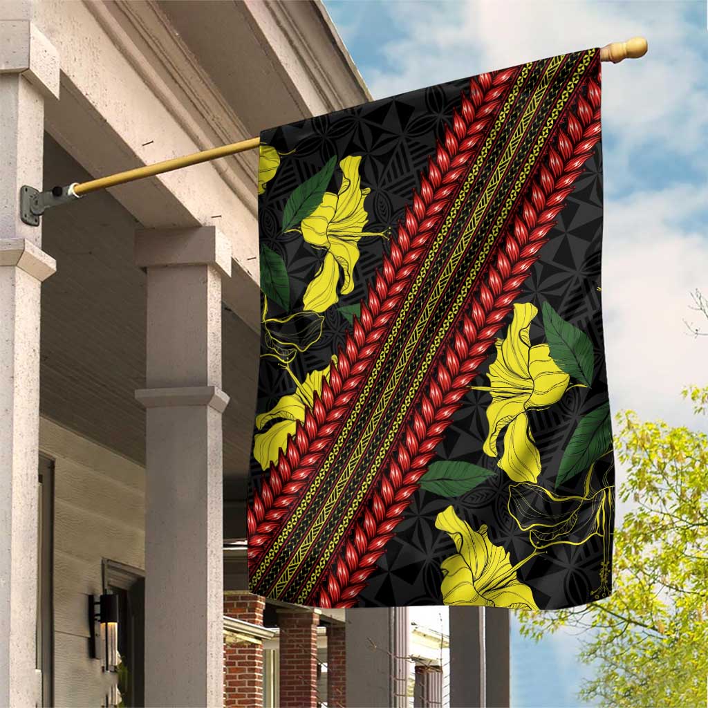 Samoan Culture Garden Flag Hibiscus and Ula Fala with Tapa Pattern Black Color LT03 House Flag Black - Polynesian Pride