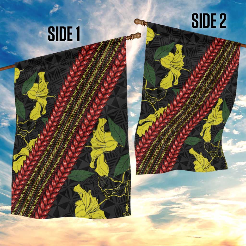 Samoan Culture Garden Flag Hibiscus and Ula Fala with Tapa Pattern Black Color LT03 - Polynesian Pride