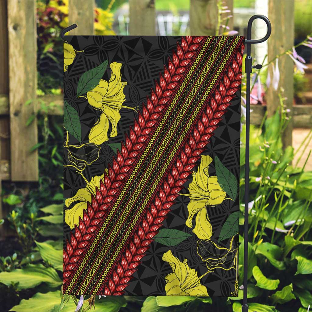 Samoan Culture Garden Flag Hibiscus and Ula Fala with Tapa Pattern Black Color LT03 Garden Flag Black - Polynesian Pride