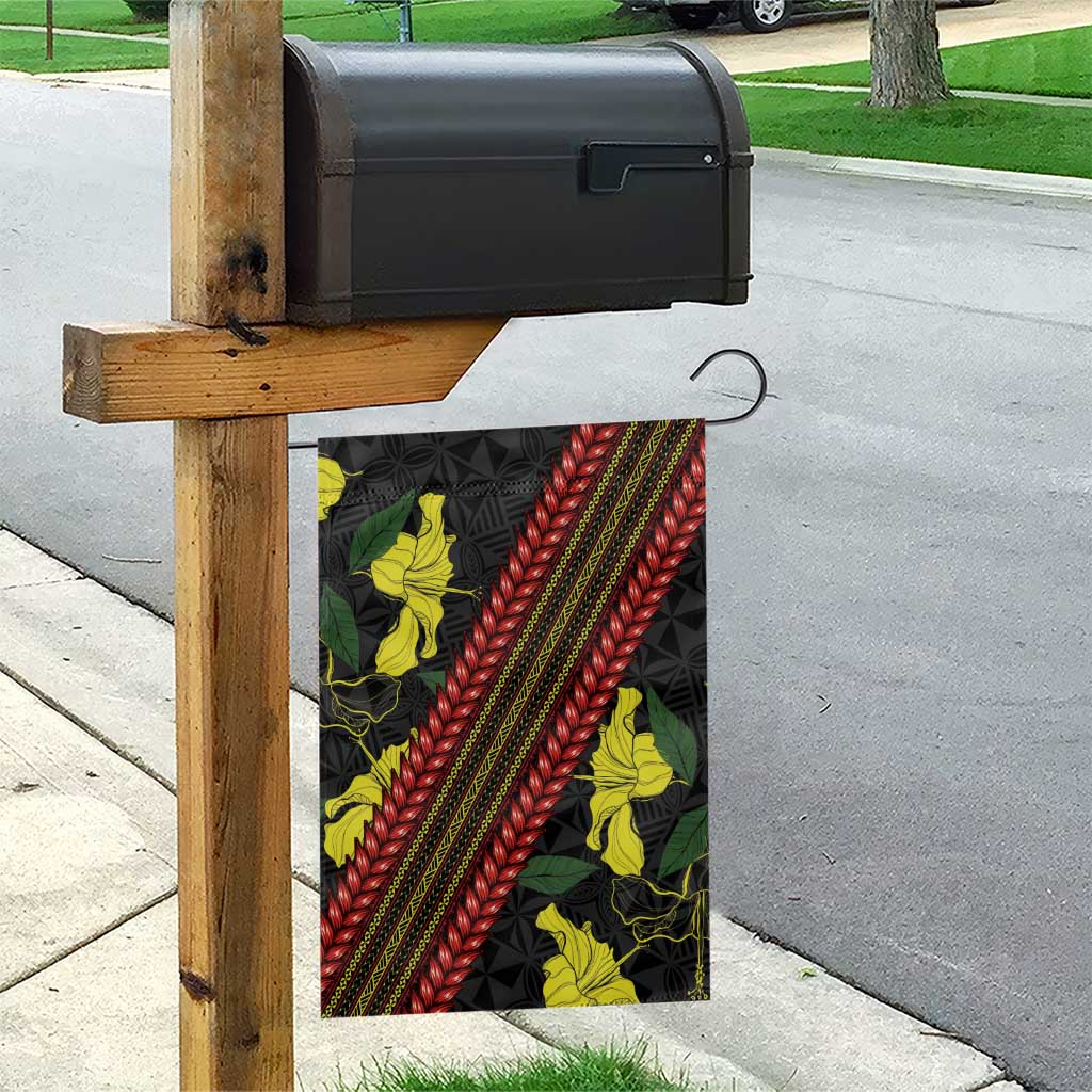 Samoan Culture Garden Flag Hibiscus and Ula Fala with Tapa Pattern Black Color LT03 - Polynesian Pride