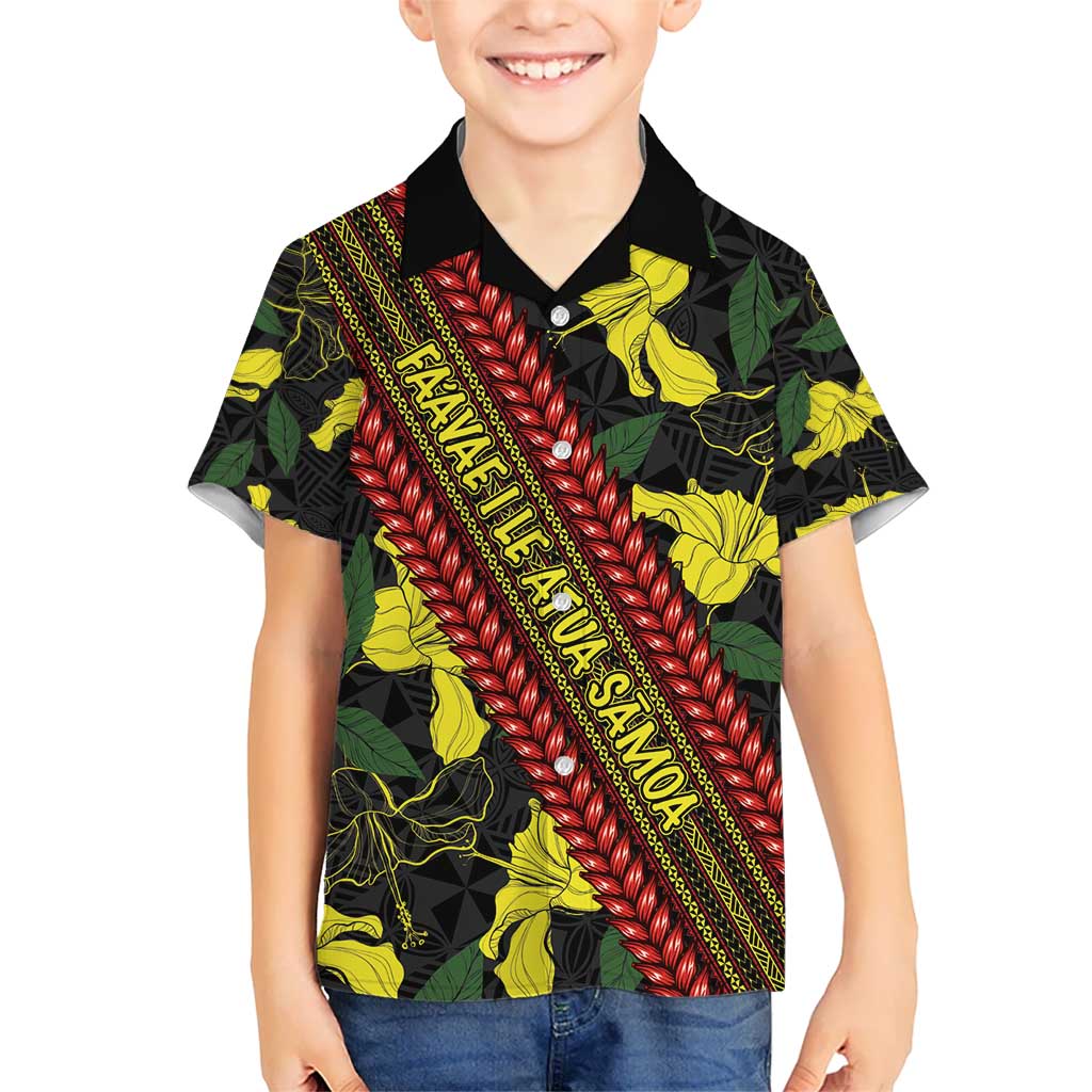 Samoan Culture Kid Hawaiian Shirt Hibiscus and Ula Fala with Tapa Pattern Black Color LT03 Kid Black - Polynesian Pride