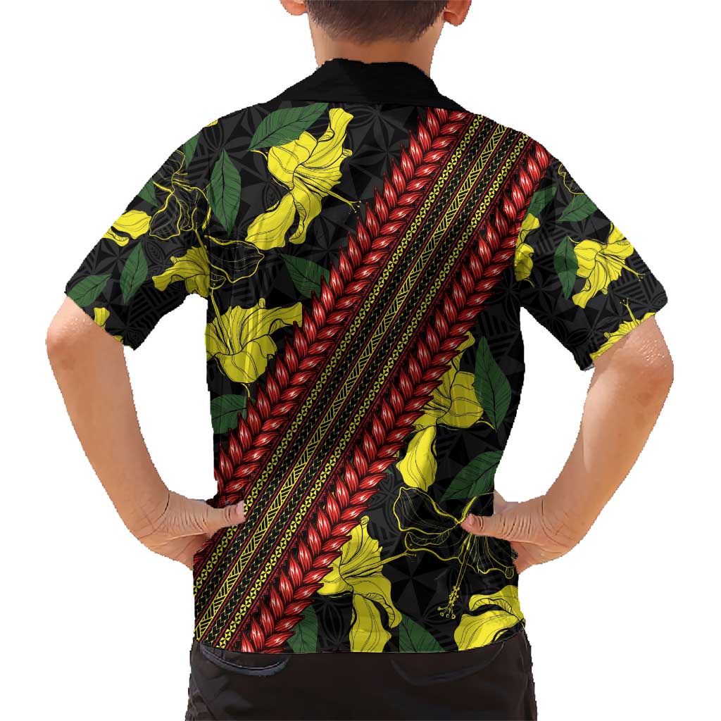 Samoan Culture Kid Hawaiian Shirt Hibiscus and Ula Fala with Tapa Pattern Black Color LT03 - Polynesian Pride