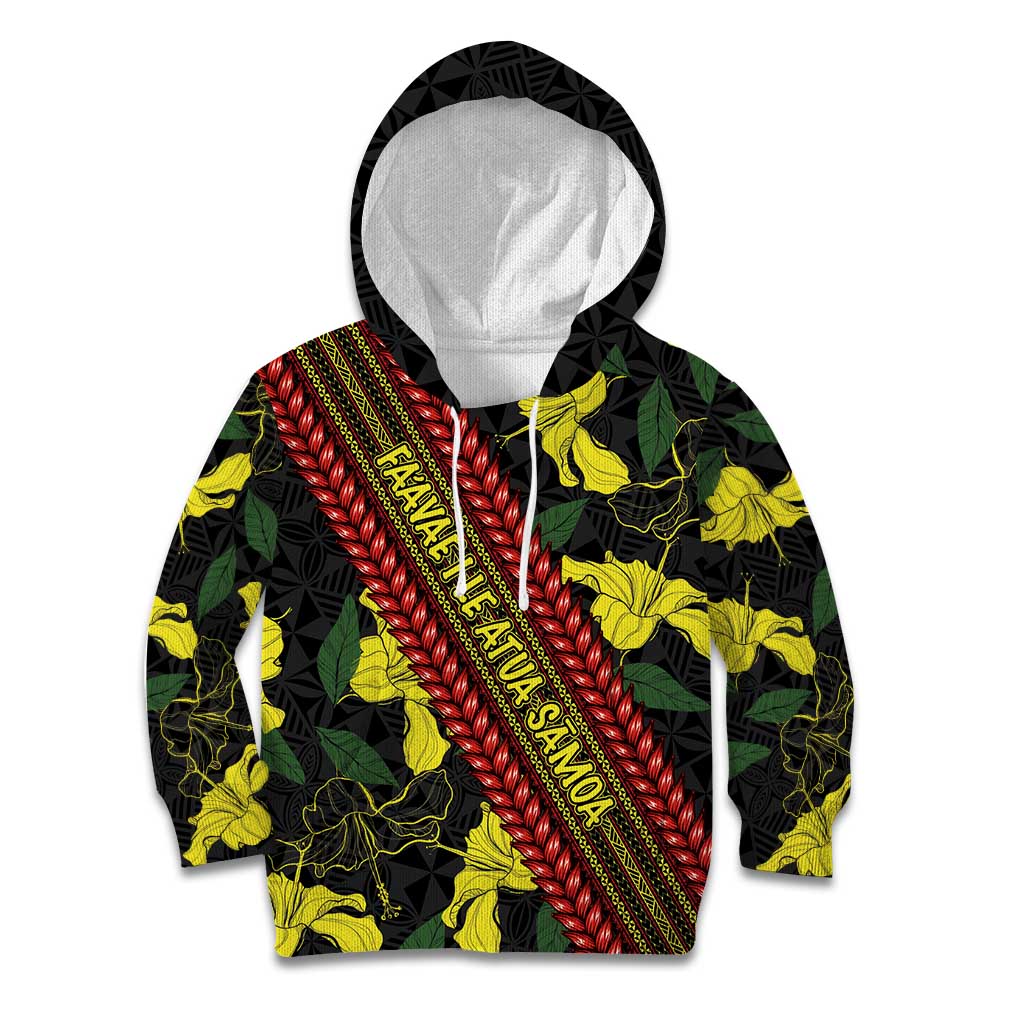 Samoan Culture Kid Hoodie Hibiscus and Ula Fala with Tapa Pattern Black Color LT03 Hoodie Black - Polynesian Pride