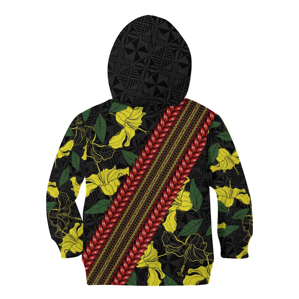 Samoan Culture Kid Hoodie Hibiscus and Ula Fala with Tapa Pattern Black Color LT03 - Polynesian Pride