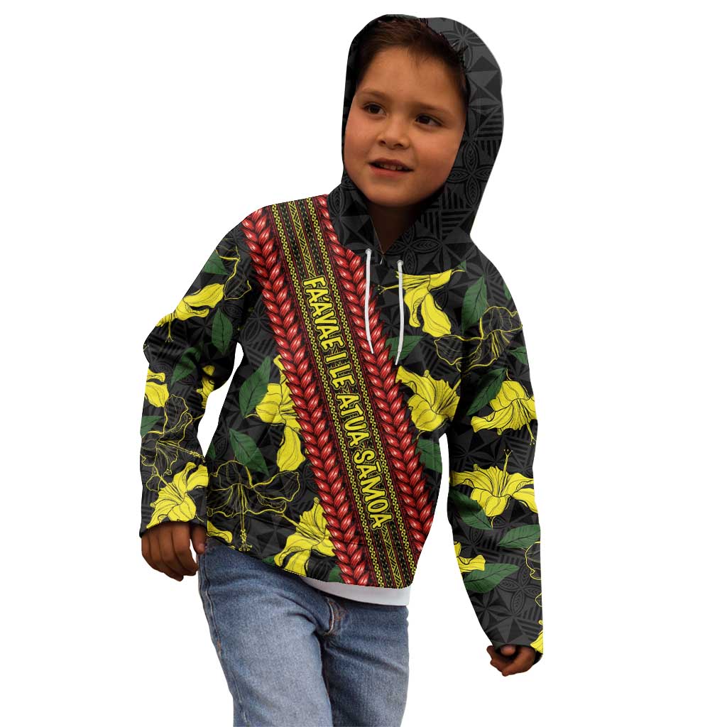 Samoan Culture Kid Hoodie Hibiscus and Ula Fala with Tapa Pattern Black Color LT03 - Polynesian Pride
