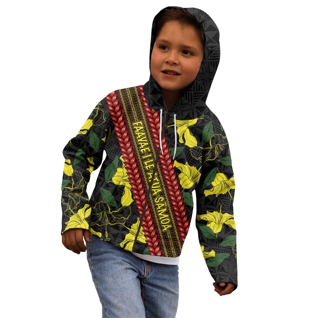 Samoan Culture Kid Hoodie Hibiscus and Ula Fala with Tapa Pattern Black Color LT03 - Polynesian Pride