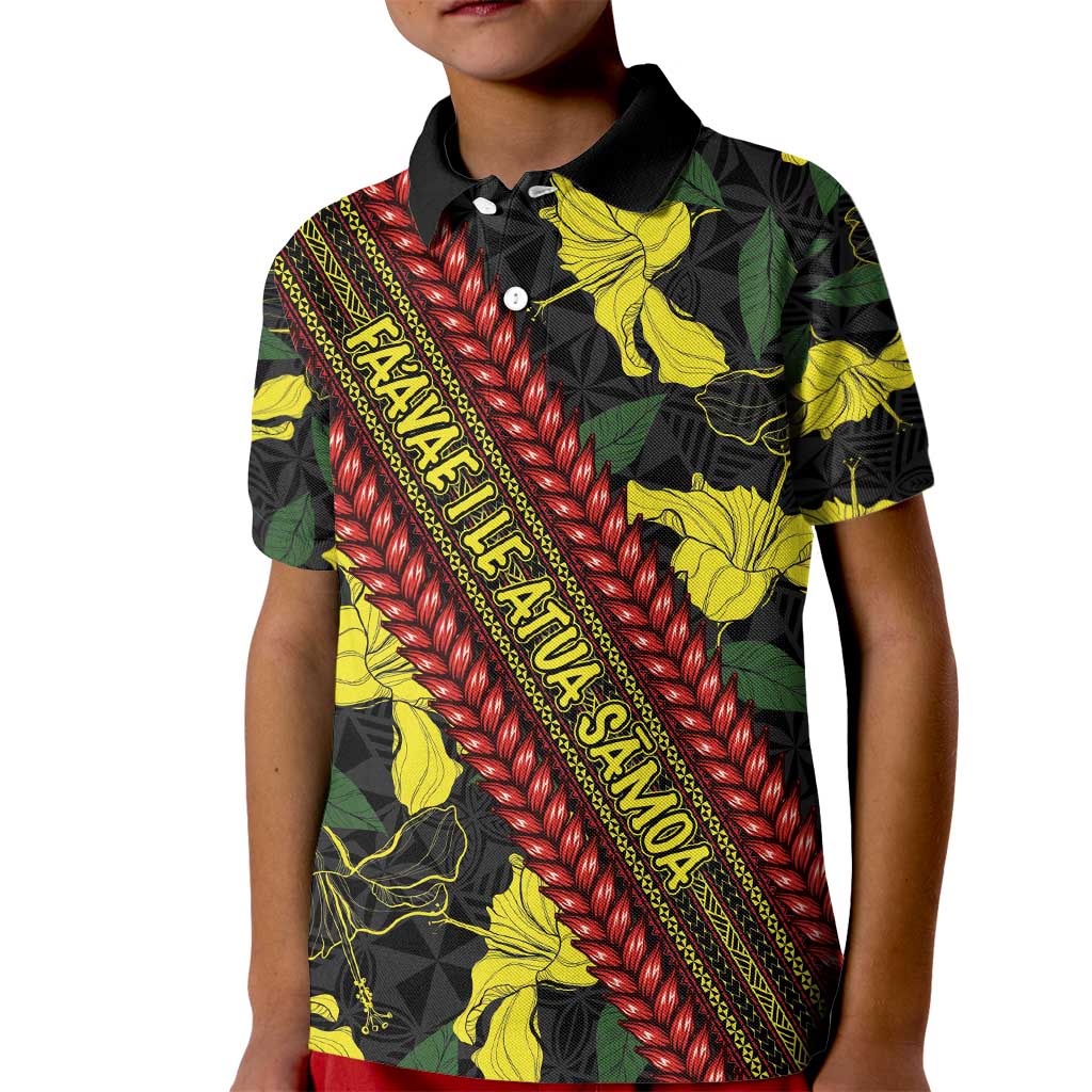 Samoan Culture Kid Polo Shirt Hibiscus and Ula Fala with Tapa Pattern Black Color LT03 Kid Black - Polynesian Pride