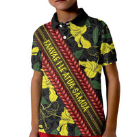 Samoan Culture Kid Polo Shirt Hibiscus and Ula Fala with Tapa Pattern Black Color LT03 Kid Black - Polynesian Pride