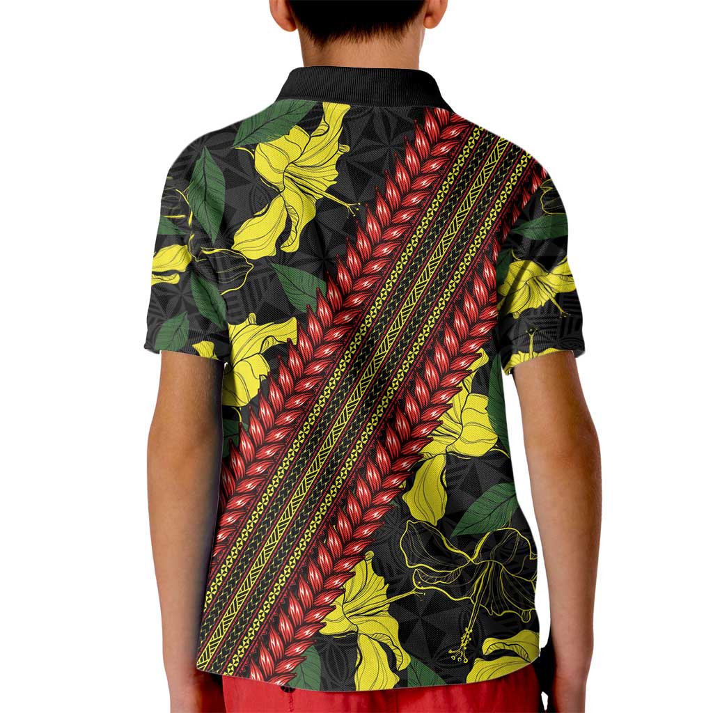 Samoan Culture Kid Polo Shirt Hibiscus and Ula Fala with Tapa Pattern Black Color LT03 - Polynesian Pride