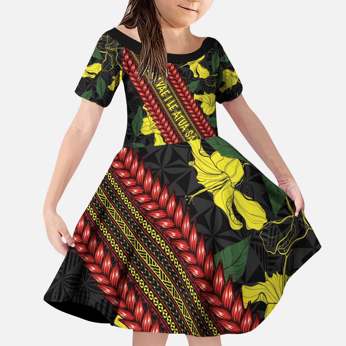 Samoan Culture Kid Short Sleeve Dress Hibiscus and Ula Fala with Tapa Pattern Black Color LT03 KID Black - Polynesian Pride