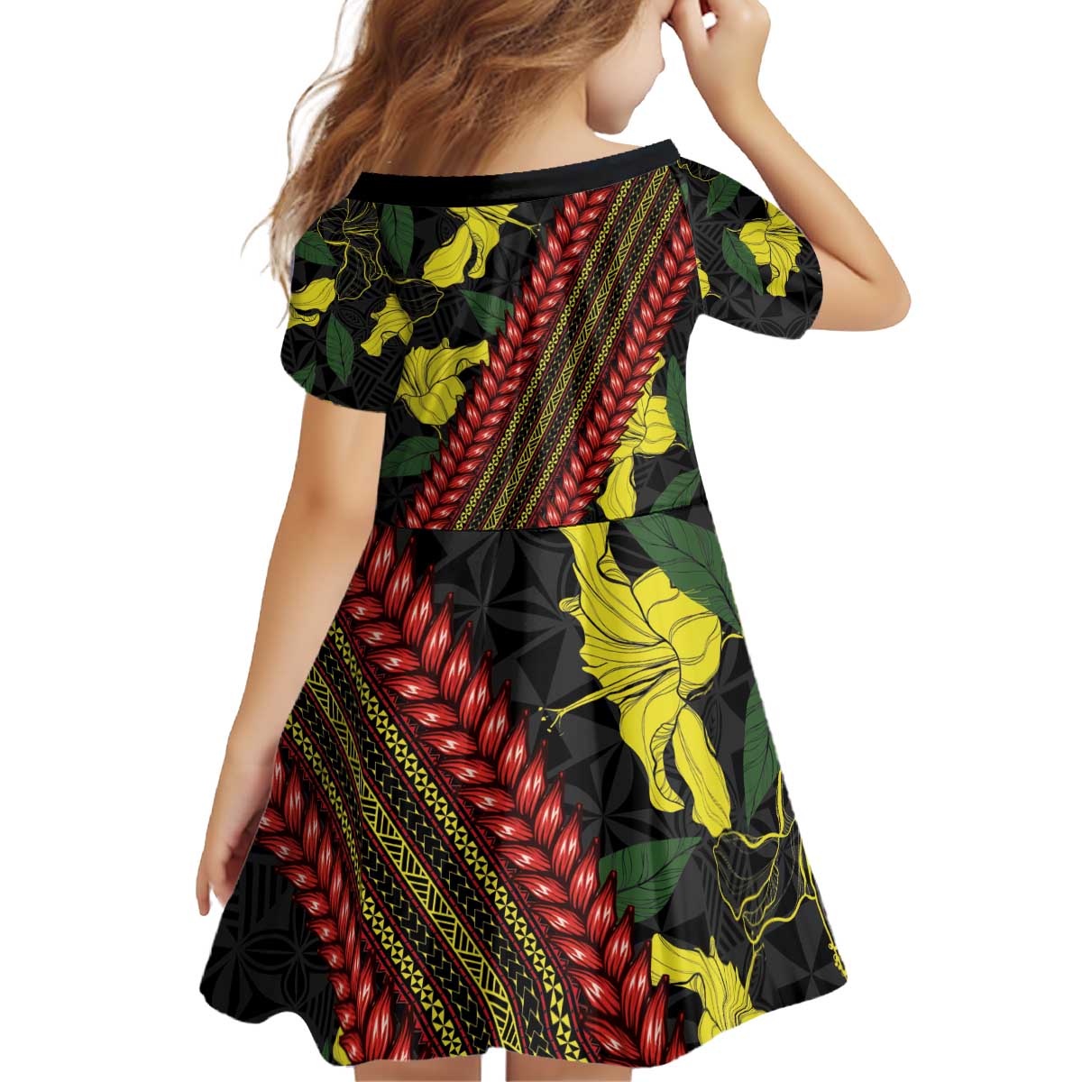 Samoan Culture Kid Short Sleeve Dress Hibiscus and Ula Fala with Tapa Pattern Black Color LT03 - Polynesian Pride