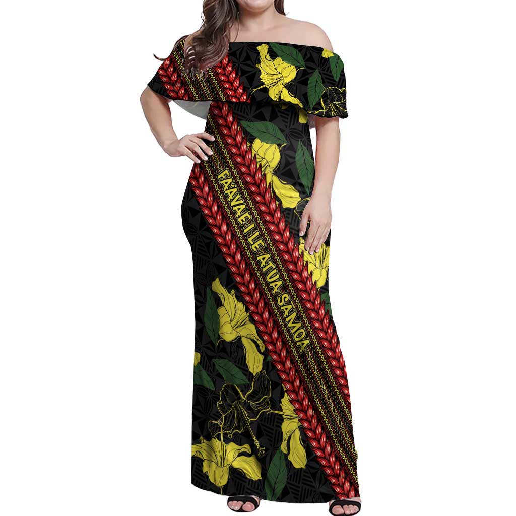 Samoan Culture Off Shoulder Maxi Dress Hibiscus and Ula Fala with Tapa Pattern Black Color LT03 Women Black - Polynesian Pride
