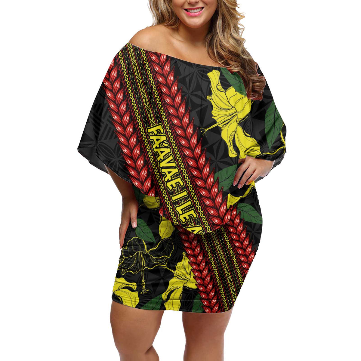 Samoan Culture Off Shoulder Short Dress Hibiscus and Ula Fala with Tapa Pattern Black Color LT03 Women Black - Polynesian Pride