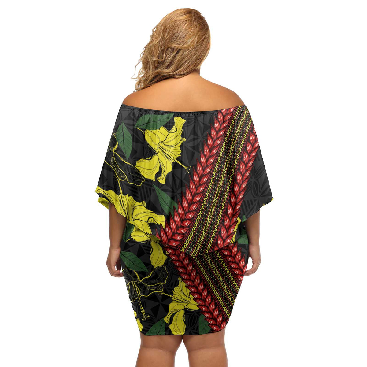 Samoan Culture Off Shoulder Short Dress Hibiscus and Ula Fala with Tapa Pattern Black Color LT03 - Polynesian Pride