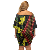 Samoan Culture Off Shoulder Short Dress Hibiscus and Ula Fala with Tapa Pattern Black Color LT03 - Polynesian Pride