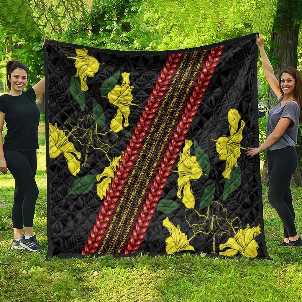 Samoan Culture Quilt Hibiscus and Ula Fala with Tapa Pattern Black Color LT03 - Polynesian Pride