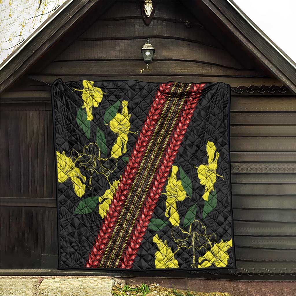 Samoan Culture Quilt Hibiscus and Ula Fala with Tapa Pattern Black Color LT03 - Polynesian Pride