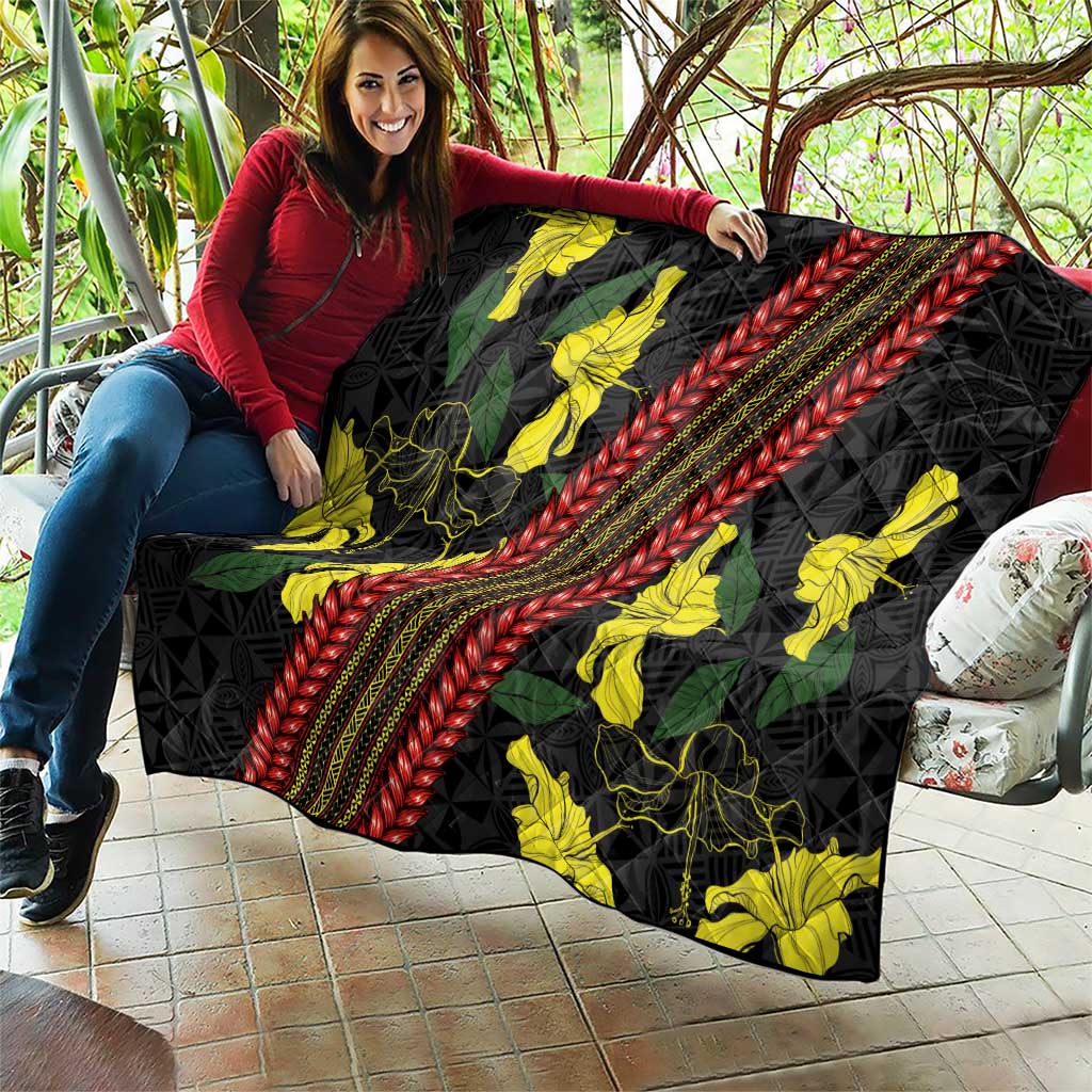 Samoan Culture Quilt Hibiscus and Ula Fala with Tapa Pattern Black Color LT03 - Polynesian Pride