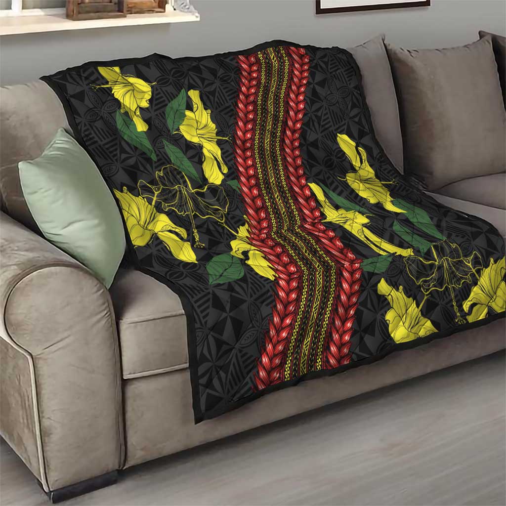 Samoan Culture Quilt Hibiscus and Ula Fala with Tapa Pattern Black Color LT03 - Polynesian Pride