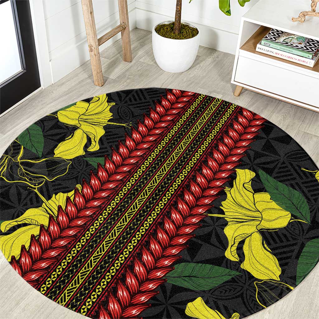 Samoan Culture Round Carpet Hibiscus and Ula Fala with Tapa Pattern Black Color LT03 Black - Polynesian Pride
