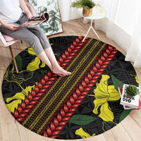 Samoan Culture Round Carpet Hibiscus and Ula Fala with Tapa Pattern Black Color LT03 - Polynesian Pride