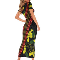 Samoan Culture Short Sleeve Bodycon Dress Hibiscus and Ula Fala with Tapa Pattern Black Color LT03 - Polynesian Pride