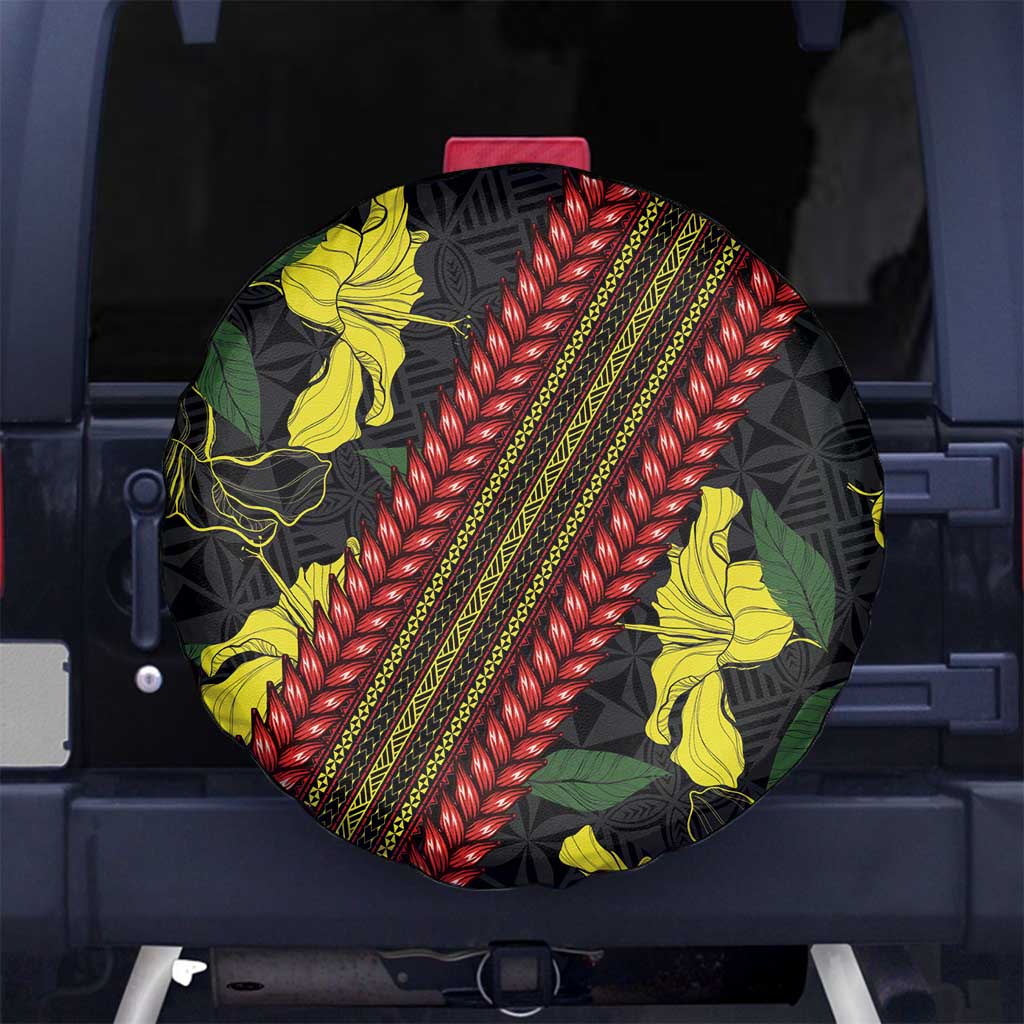Samoan Culture Spare Tire Cover Hibiscus and Ula Fala with Tapa Pattern Black Color LT03 - Polynesian Pride