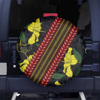 Samoan Culture Spare Tire Cover Hibiscus and Ula Fala with Tapa Pattern Black Color LT03 - Polynesian Pride