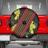 Samoan Culture Spare Tire Cover Hibiscus and Ula Fala with Tapa Pattern Black Color LT03 - Polynesian Pride