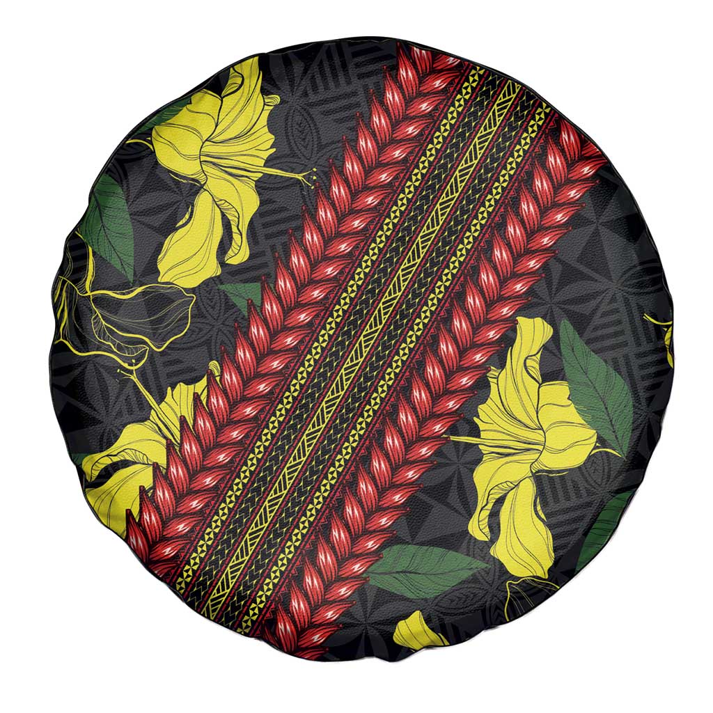 Samoan Culture Spare Tire Cover Hibiscus and Ula Fala with Tapa Pattern Black Color LT03 - Polynesian Pride