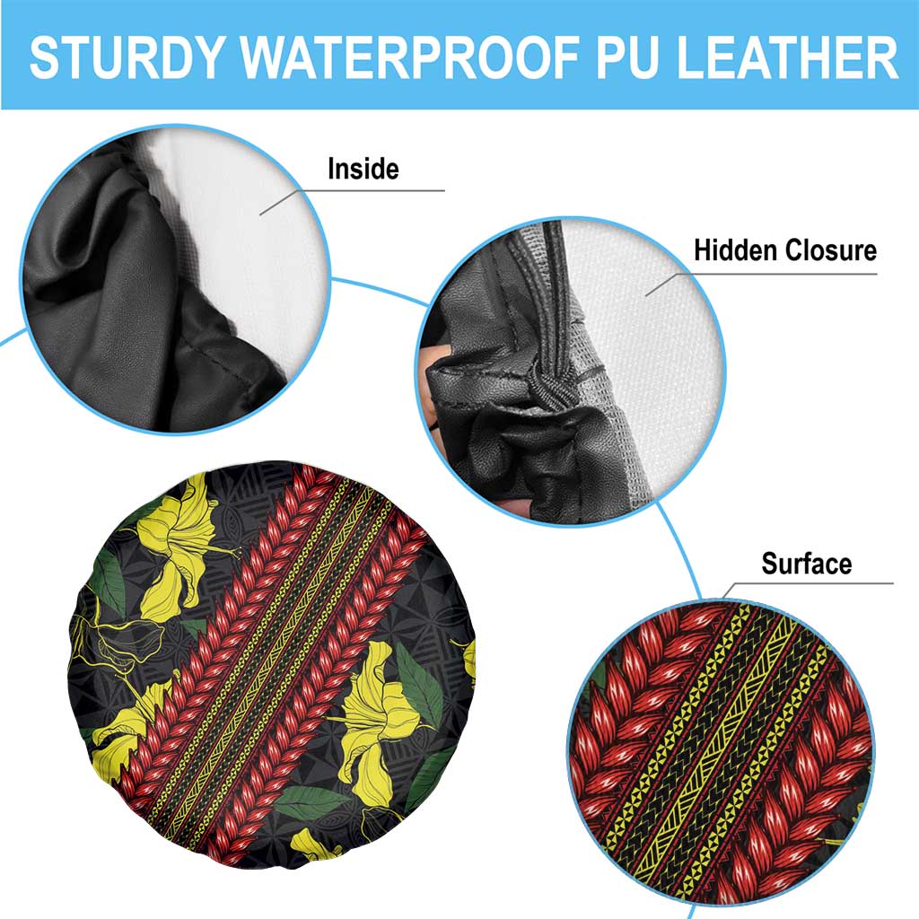 Samoan Culture Spare Tire Cover Hibiscus and Ula Fala with Tapa Pattern Black Color LT03 - Polynesian Pride