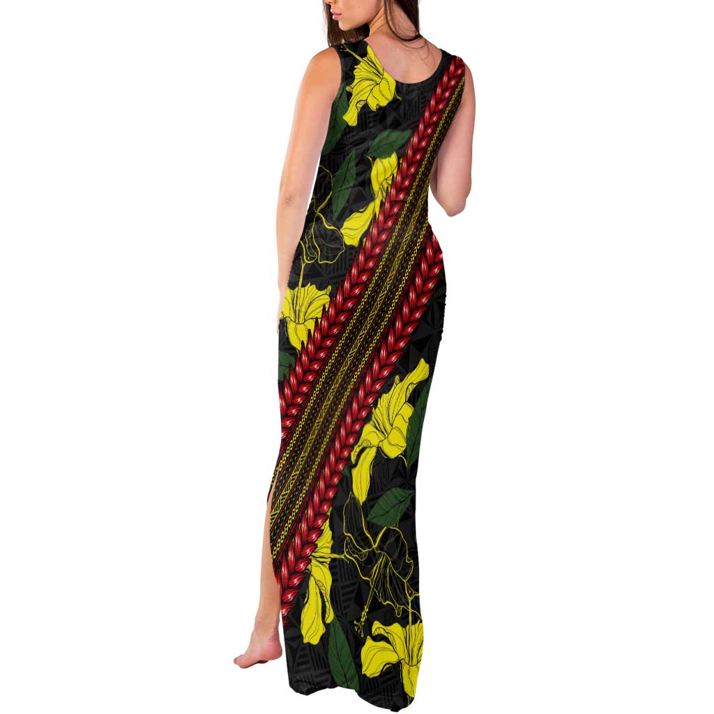 Samoan Culture Tank Maxi Dress Hibiscus and Ula Fala with Tapa Pattern Black Color