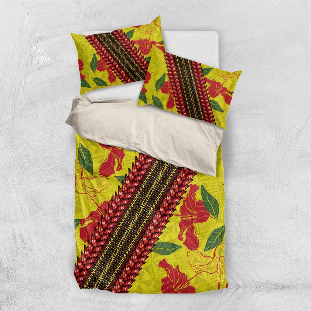 Samoan Culture Bedding Set Hibiscus and Ula Fala with Tapa Pattern Yellow Color