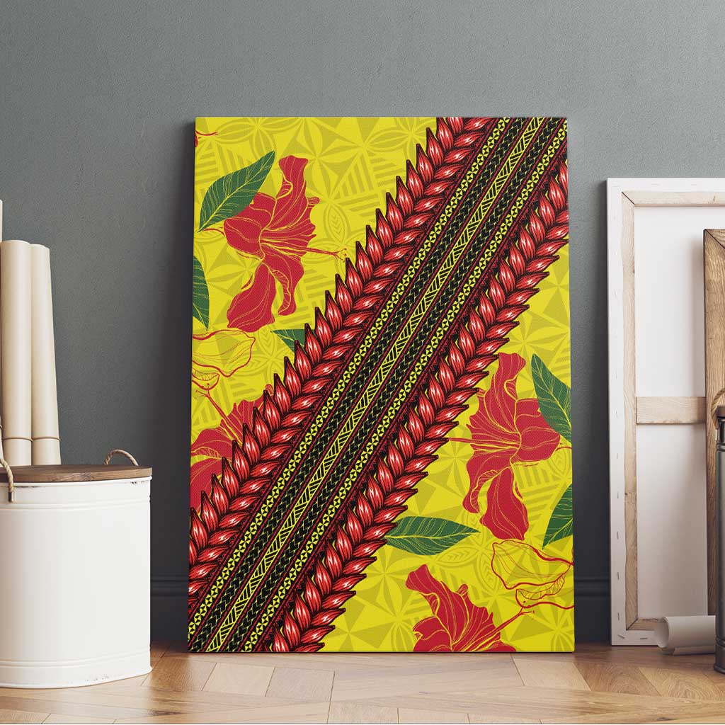 Samoan Culture Canvas Wall Art Hibiscus and Ula Fala with Tapa Pattern Yellow Color