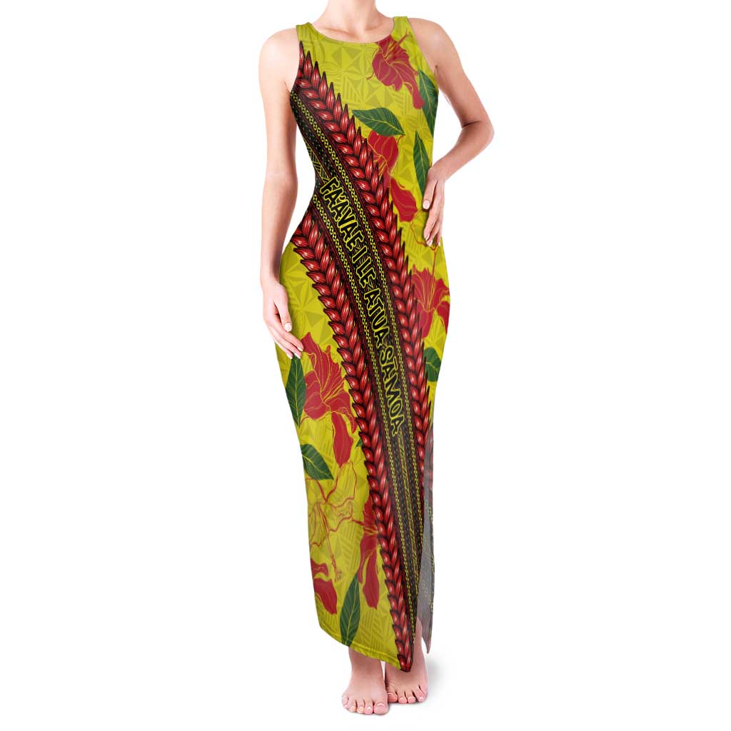 Samoan Culture Family Matching Tank Maxi Dress and Hawaiian Shirt Hibiscus and Ula Fala with Tapa Pattern YellowColor