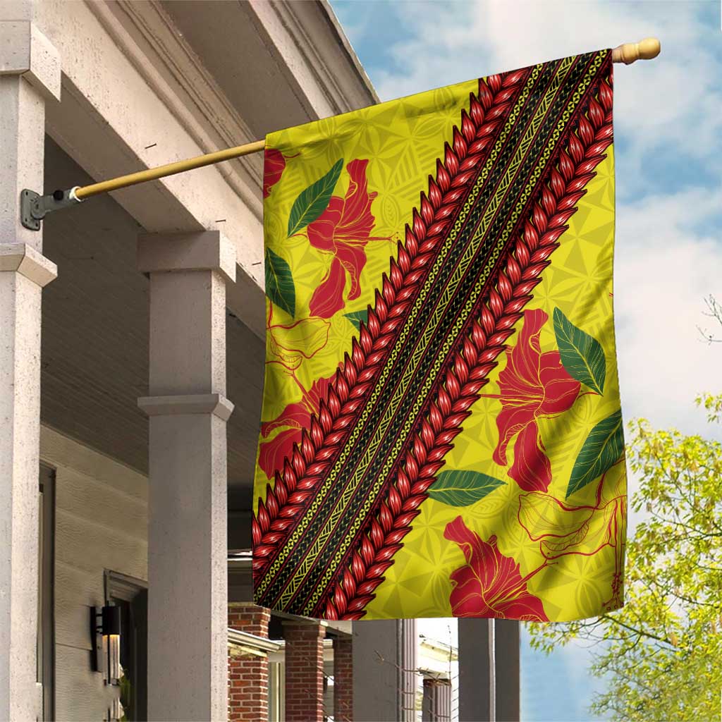 Samoan Culture Garden Flag Hibiscus and Ula Fala with Tapa Pattern Yellow Color LT03 House Flag Yellow - Polynesian Pride