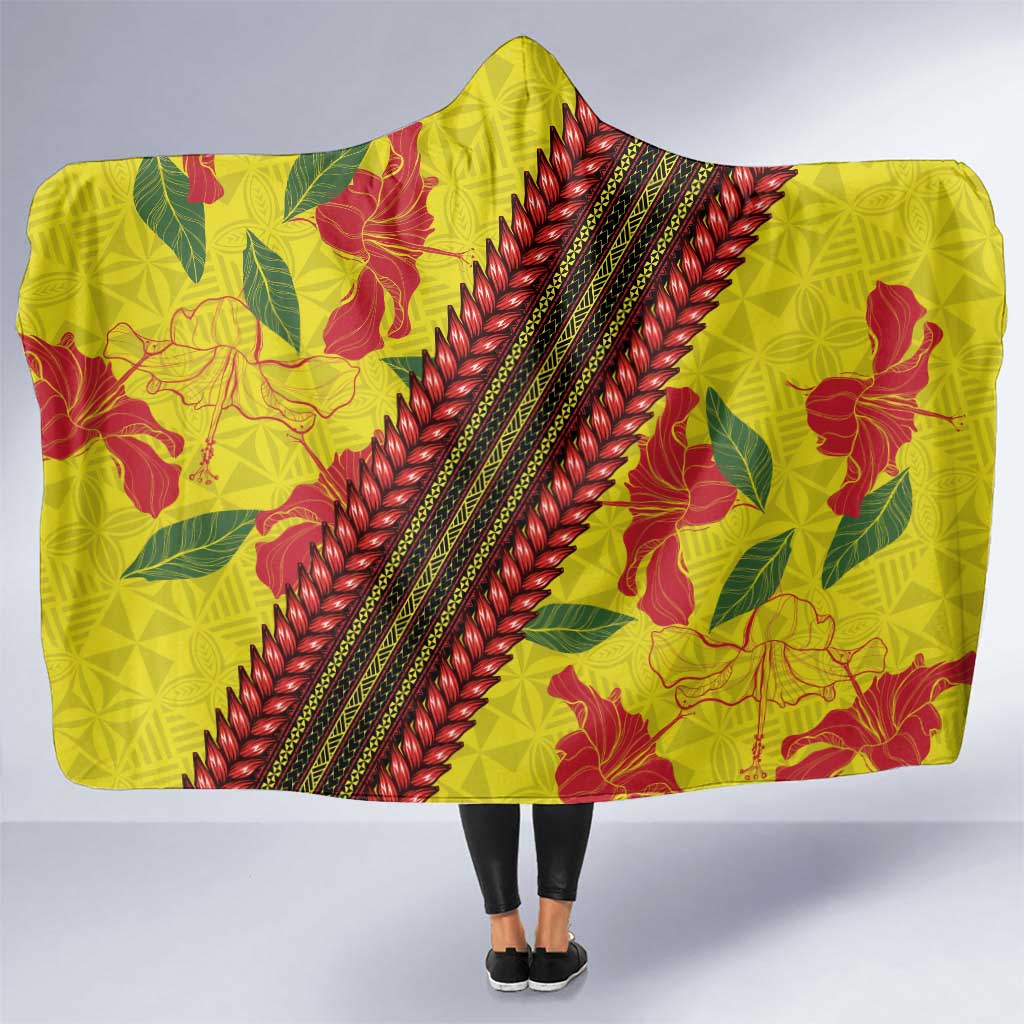 Samoan Culture Hooded Blanket Hibiscus and Ula Fala with Tapa Pattern Yellow Color LT03 One Size Yellow - Polynesian Pride