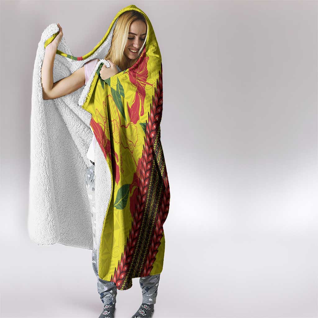 Samoan Culture Hooded Blanket Hibiscus and Ula Fala with Tapa Pattern Yellow Color LT03 - Polynesian Pride