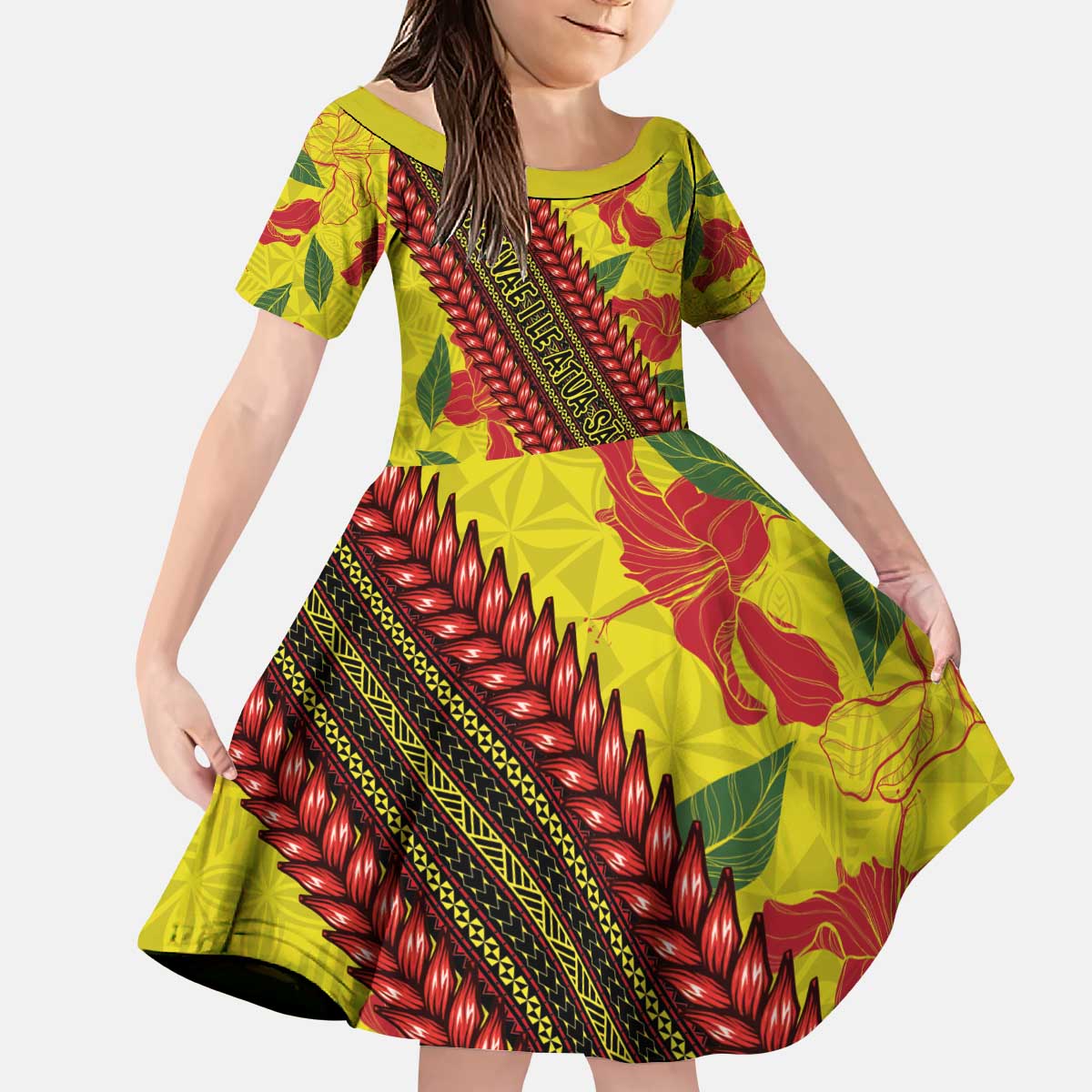 Samoan Culture Kid Short Sleeve Dress Hibiscus and Ula Fala with Tapa Pattern YellowColor LT03 KID Yellow - Polynesian Pride