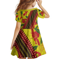 Samoan Culture Kid Short Sleeve Dress Hibiscus and Ula Fala with Tapa Pattern YellowColor LT03 - Polynesian Pride