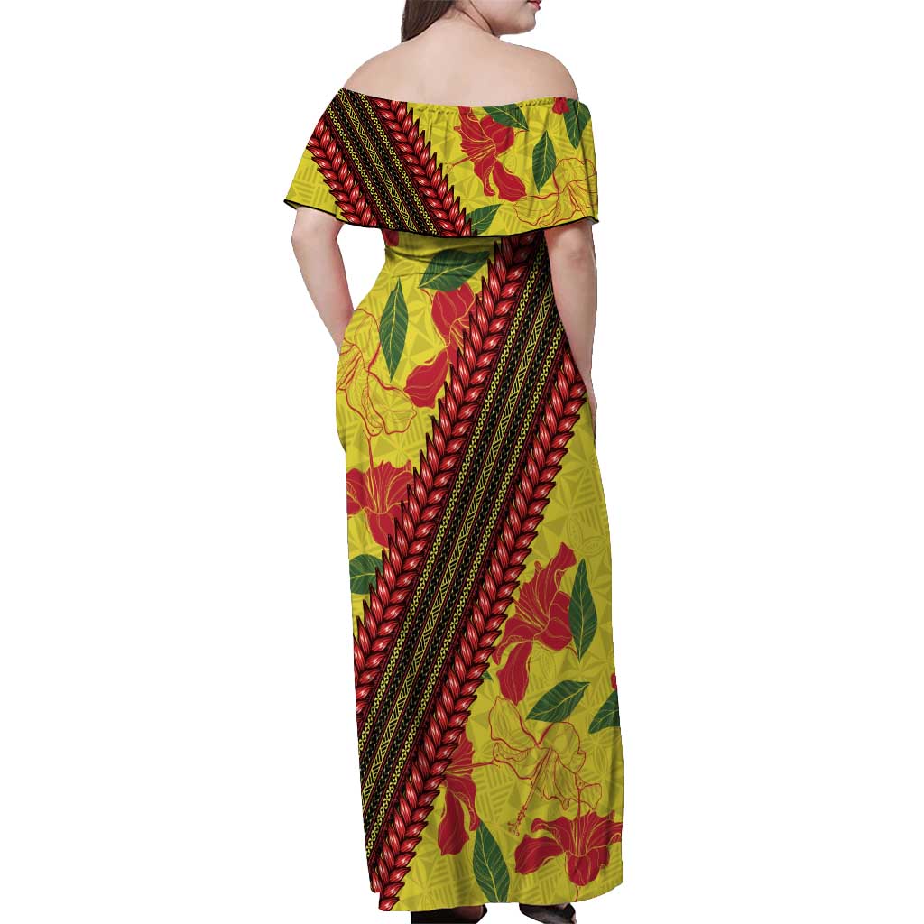 Samoan Culture Off Shoulder Maxi Dress Hibiscus and Ula Fala with Tapa Pattern YellowColor LT03 - Polynesian Pride