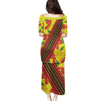 Samoan Culture Puletasi Hibiscus and Ula Fala with Tapa Pattern YellowColor