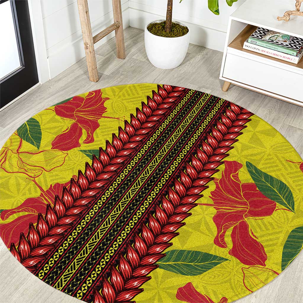 Samoan Culture Round Carpet Hibiscus and Ula Fala with Tapa Pattern Yellow Color LT03 Yellow - Polynesian Pride