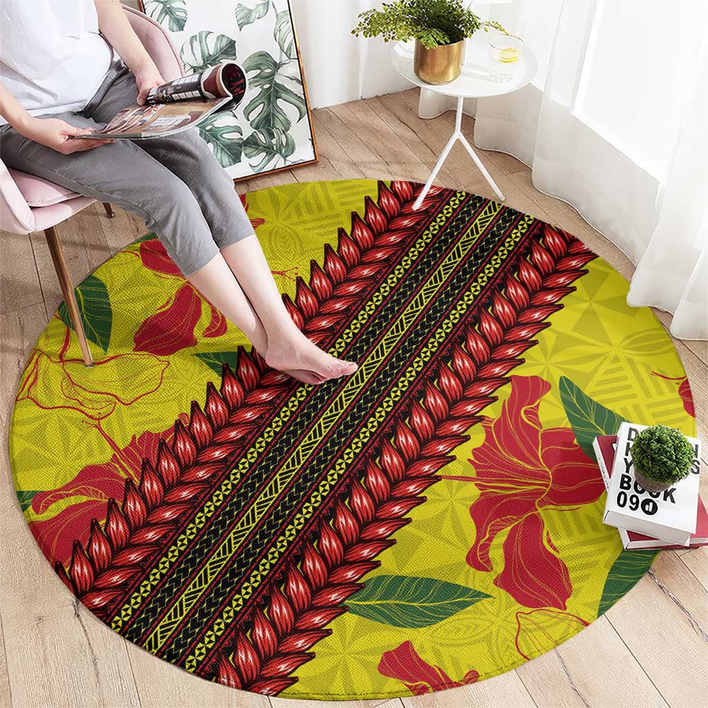 Samoan Culture Round Carpet Hibiscus and Ula Fala with Tapa Pattern Yellow Color LT03 - Polynesian Pride