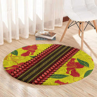 Samoan Culture Round Carpet Hibiscus and Ula Fala with Tapa Pattern Yellow Color LT03 - Polynesian Pride
