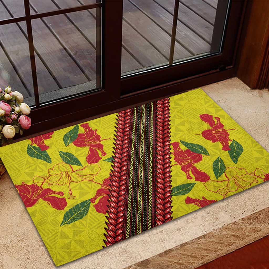 Samoan Culture Rubber Doormat Hibiscus and Ula Fala with Tapa Pattern Yellow Color LT03 - Polynesian Pride